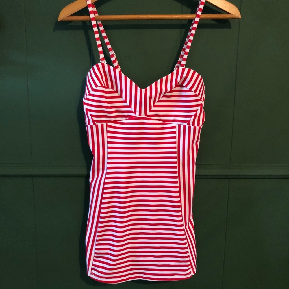 Seea One piece bathing suit, red/white striped, M.